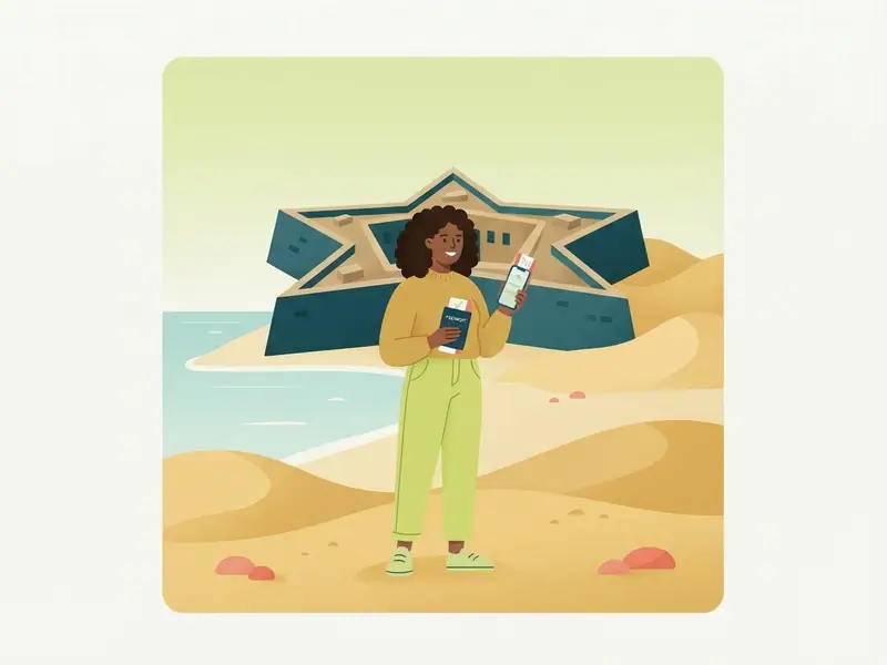 Ilustração de viajante com passaporte e celular diante do Forte dos Reis Magos e das dunas