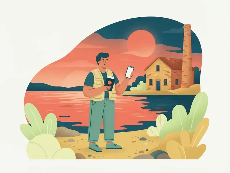 Ilustração de viajante com passaporte e celular diante do pôr do sol no Guaíba e da chaminé do Gasômetro