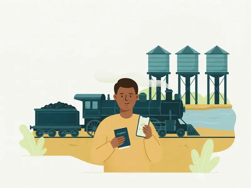Ilustração de viajante com passaporte e celular diante de uma locomotiva da Madeira-Mamoré e das três caixas-d'água de Porto Velho