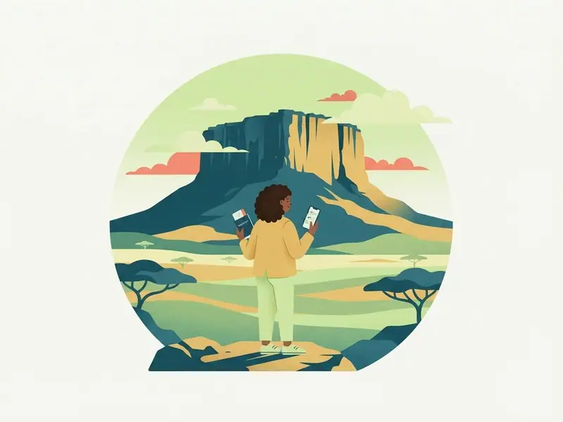 Ilustração de viajante com passaporte e celular diante do Monte Roraima sobre o lavrado