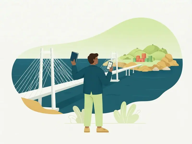 Ilustração de viajante com passaporte e celular diante da ponte Hercílio Luz em Florianópolis