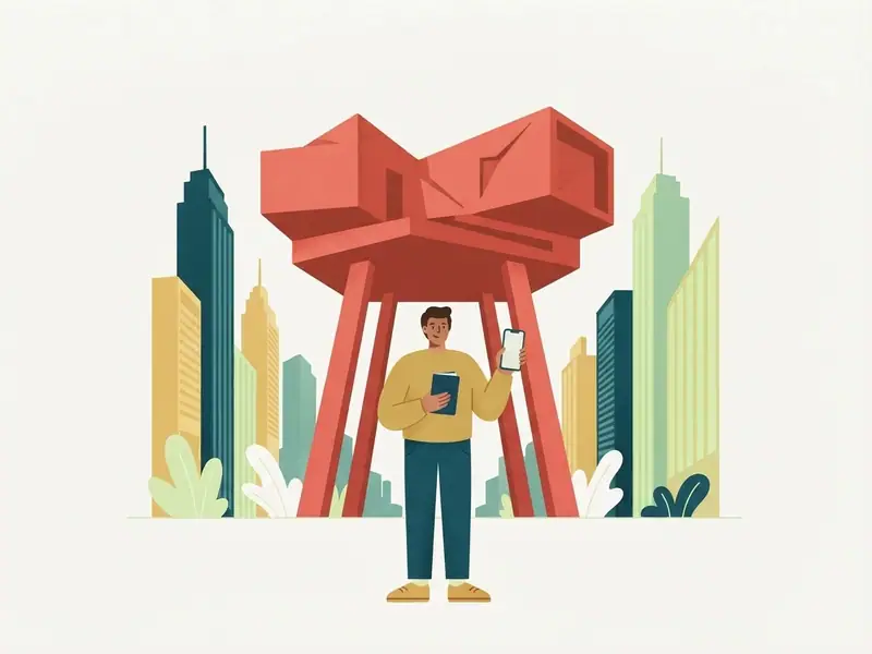 Ilustração de viajante com passaporte e celular diante do MASP e dos prédios da Avenida Paulista