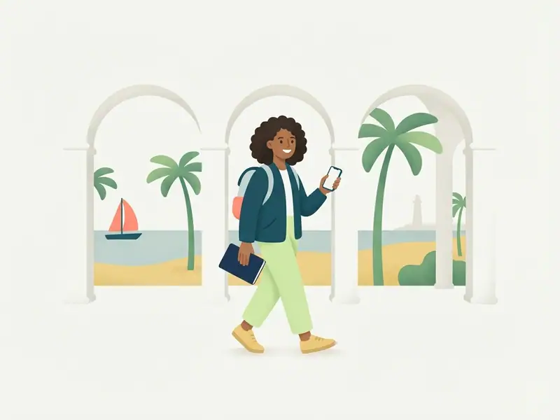 Ilustração de viajante com passaporte e celular diante dos arcos da orla de Atalaia e coqueiros