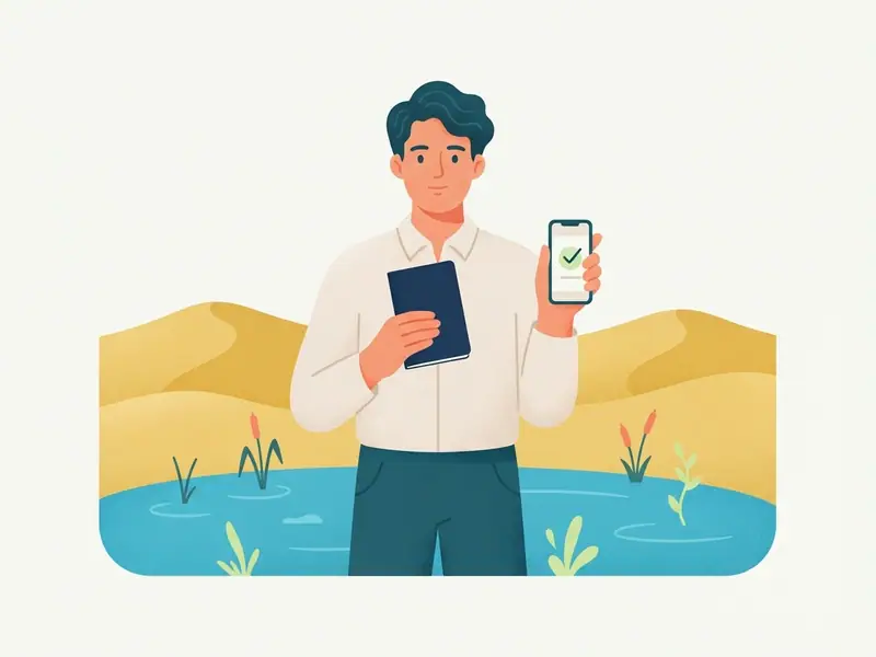 Ilustração de viajante com passaporte e celular diante das dunas douradas do Jalapão