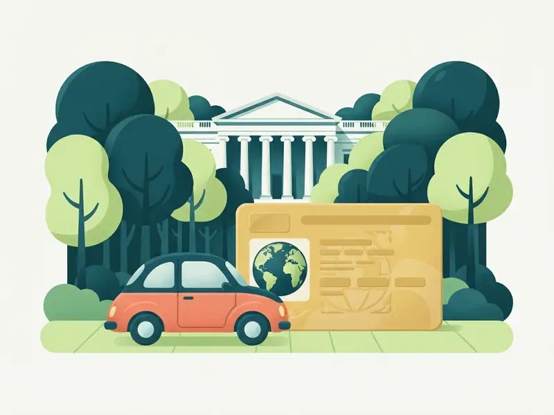 Ilustração de um carro e uma carteira de motorista internacional diante da floresta de seringueiras e do palácio de Rio Branco