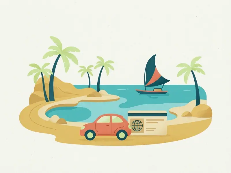 Ilustração de um carro e uma carteira de motorista internacional diante das piscinas naturais de Maceió, coqueiros e uma jangada