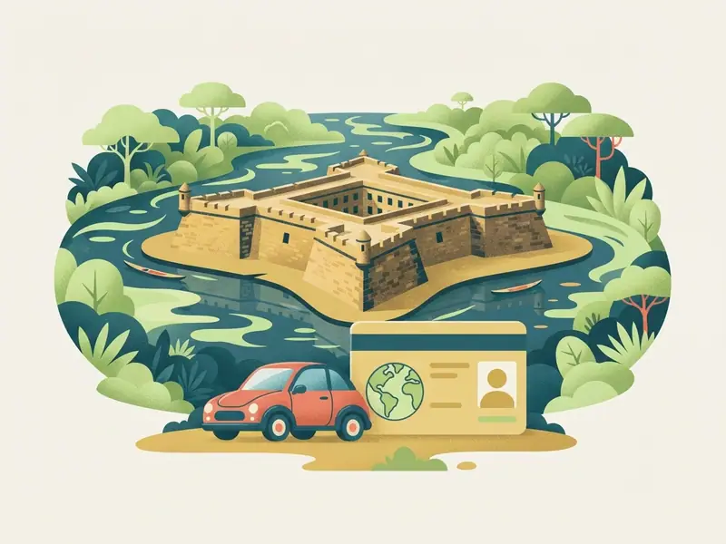 Ilustração de um carro e uma carteira de motorista internacional diante da Fortaleza de São José às margens do Amazonas