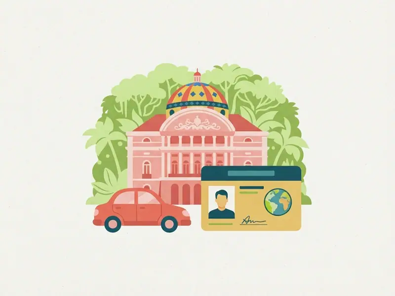 Ilustração de um carro e uma carteira de motorista internacional diante do Teatro Amazonas e da floresta