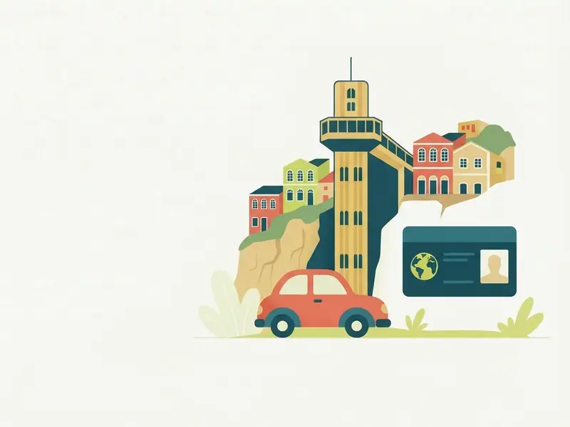 Ilustração de um carro e uma carteira de motorista internacional diante do Elevador Lacerda e dos casarões coloridos do Pelourinho