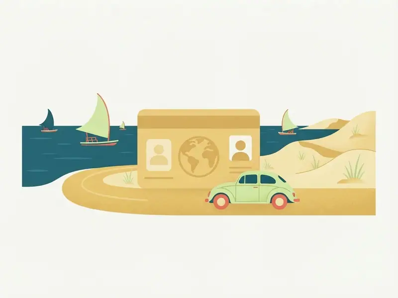 Ilustração de um carro e uma carteira de motorista internacional diante da praia de Fortaleza com jangadas e dunas