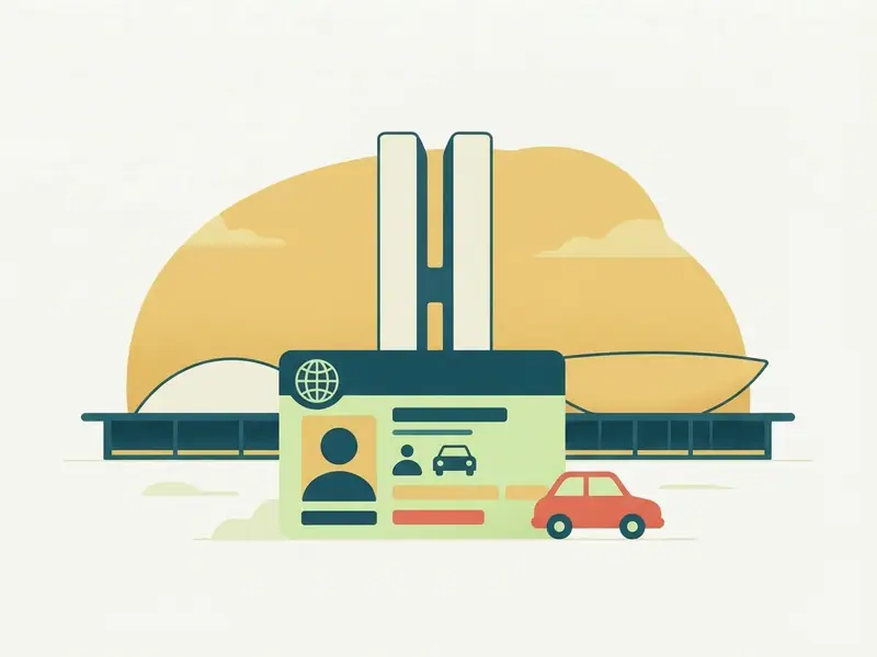 Ilustração de um carro e uma carteira de motorista internacional diante das torres e cúpulas do Congresso Nacional