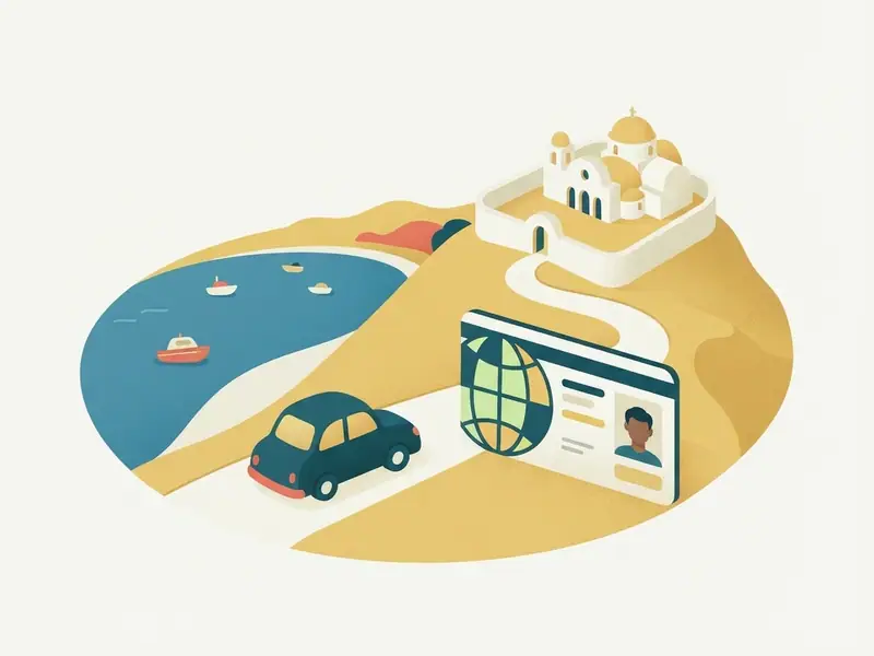 Ilustração de um carro e uma carteira de motorista internacional diante do Convento da Penha sobre a baía de Vitória