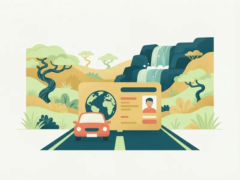 Ilustração de um carro e uma carteira de motorista internacional diante das cachoeiras e árvores do cerrado da Chapada dos Veadeiros