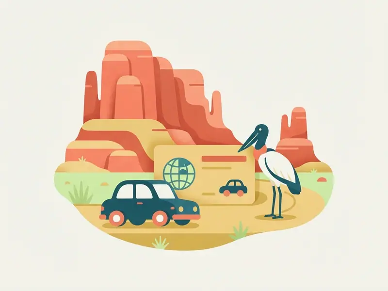 Ilustração de um carro e uma carteira de motorista internacional diante dos paredões vermelhos da Chapada dos Guimarães e um tuiuiú