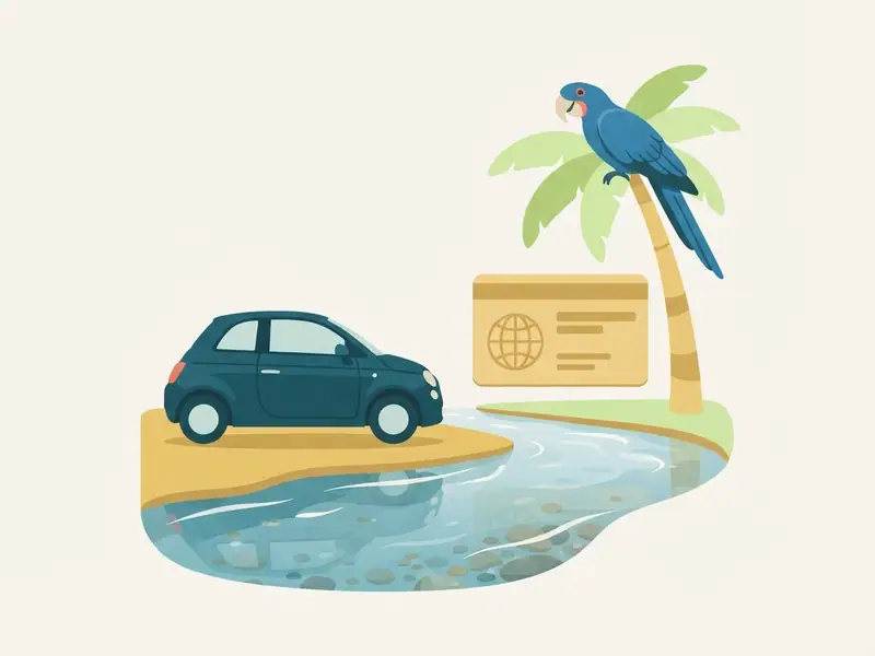 Ilustração de um carro e uma carteira de motorista internacional diante de um rio de água cristalina e uma arara-azul