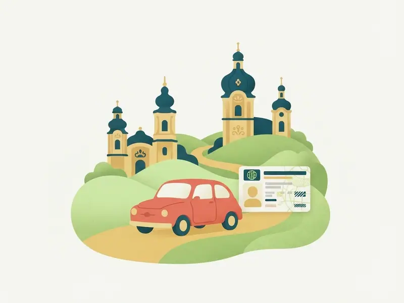 Ilustração de um carro e uma carteira de motorista internacional diante da igreja da Pampulha e torres de igrejas barrocas nas montanhas