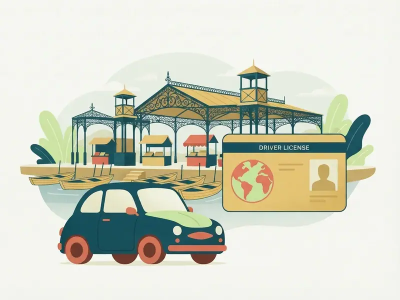 Ilustração de um carro e uma carteira de motorista internacional diante do mercado Ver-o-Peso à beira do rio