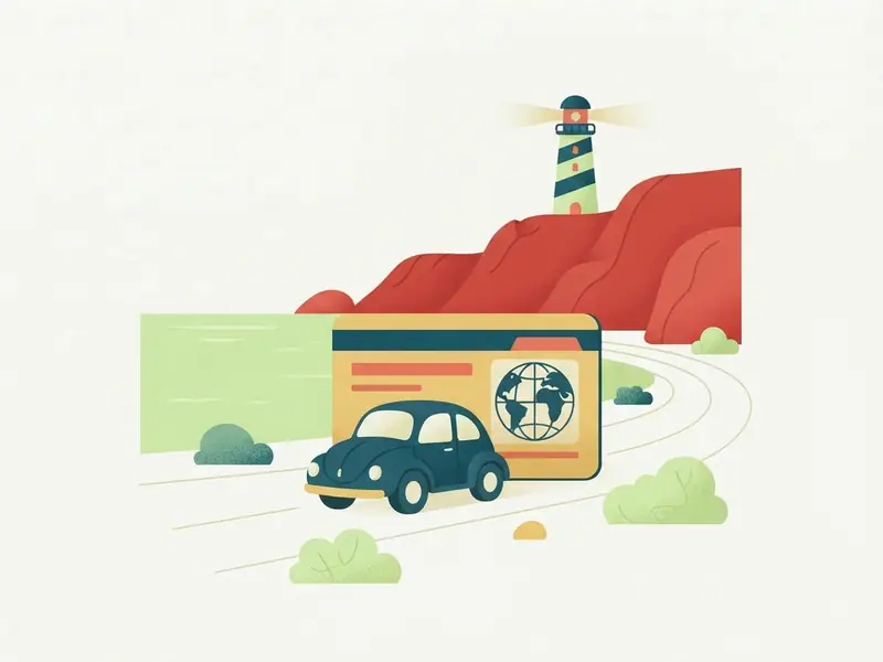 Ilustração de um carro e uma carteira de motorista internacional diante do farol do Cabo Branco sobre as falésias