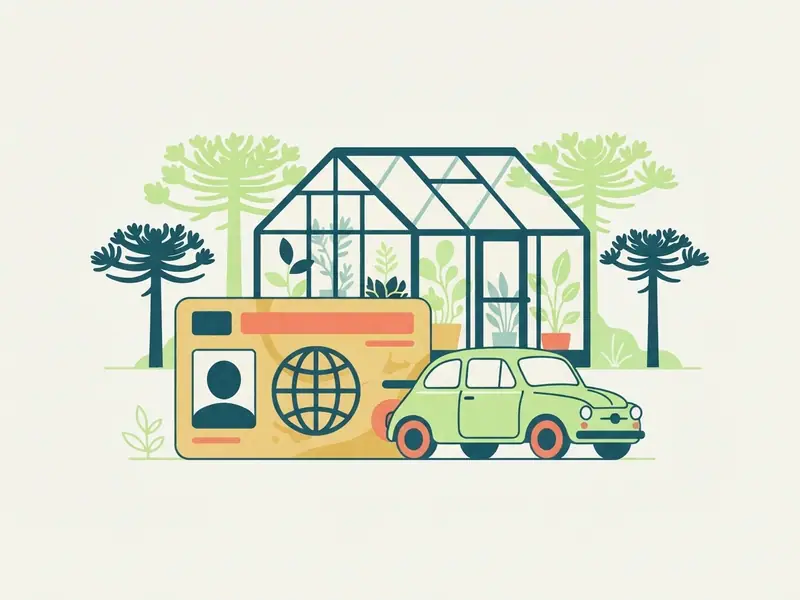 Ilustração de um carro e uma carteira de motorista internacional diante da estufa do Jardim Botânico de Curitiba e araucárias