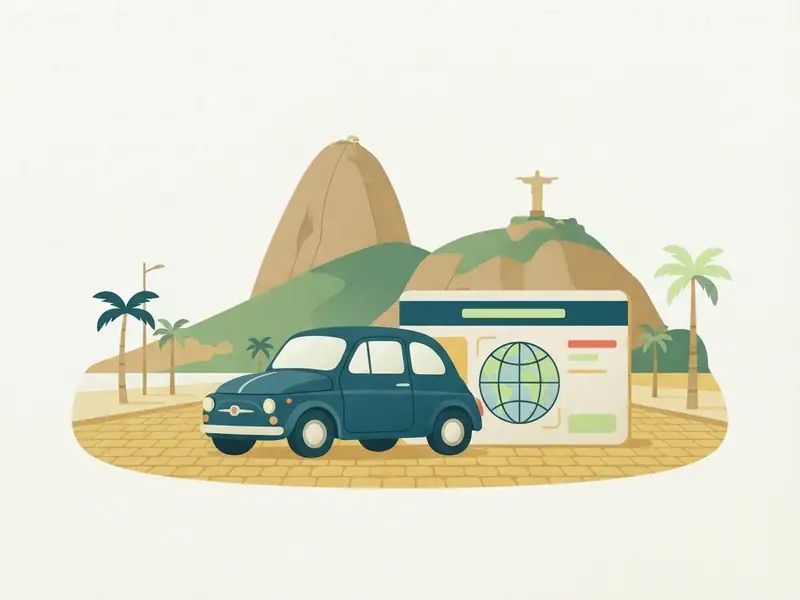 Ilustração de um carro e uma carteira de motorista internacional diante do Cristo Redentor e do Pão de Açúcar
