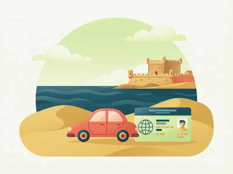 Ilustração de um carro e uma carteira de motorista internacional diante do Forte dos Reis Magos e das dunas
