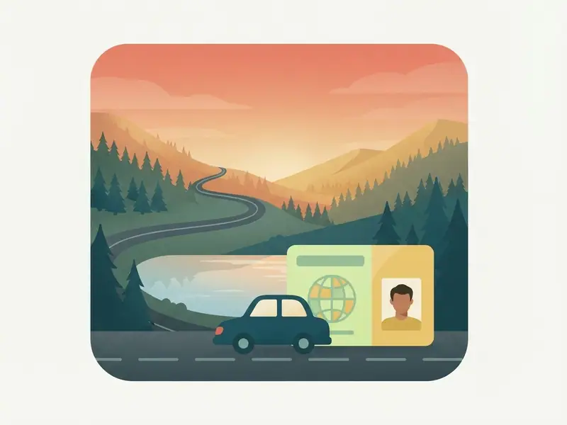 Ilustração de um carro e uma carteira de motorista internacional diante do pôr do sol no Guaíba e da chaminé do Gasômetro