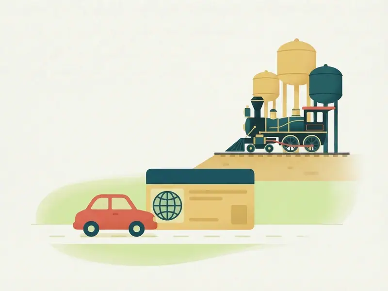 Ilustração de um carro e uma carteira de motorista internacional diante de uma locomotiva da Madeira-Mamoré e das três caixas-d'água de Porto Velho