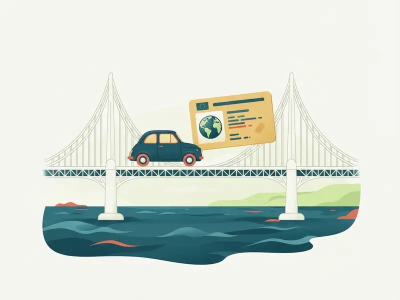 Ilustração de um carro e uma carteira de motorista internacional diante da ponte Hercílio Luz em Florianópolis