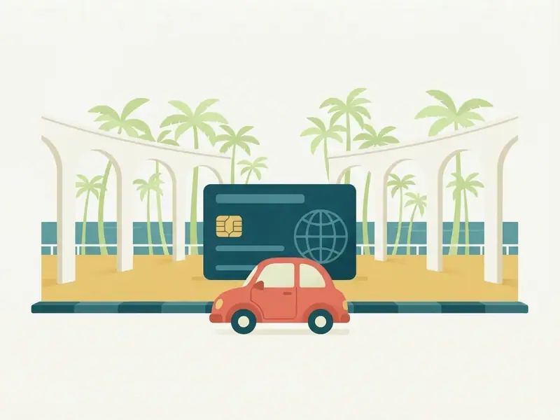 Ilustração de um carro e uma carteira de motorista internacional diante dos arcos da orla de Atalaia e coqueiros