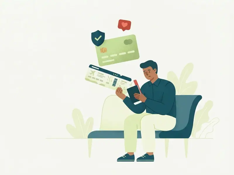 Cartão de crédito com um pequeno escudo e um coração acima, ao lado de uma passagem aérea e um passaporte, e um viajante comparando os dois.