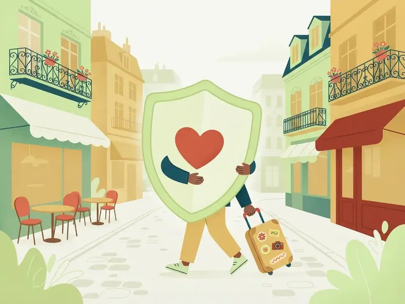 Escudo grande com um coração protegendo um viajante com mala numa rua europeia com cafés e sacadas.
