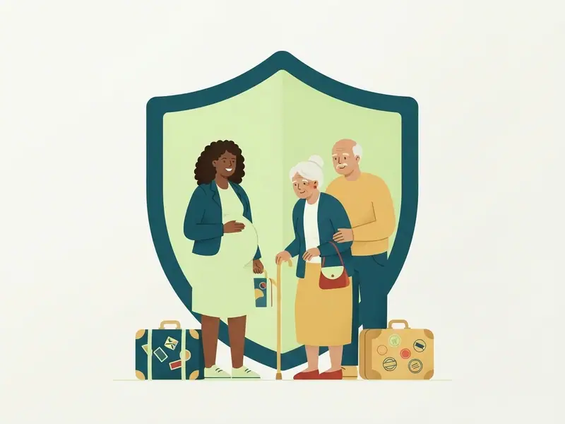 Uma grávida e um casal de idosos com bengala, lado a lado com malas, sob um grande escudo de proteção.