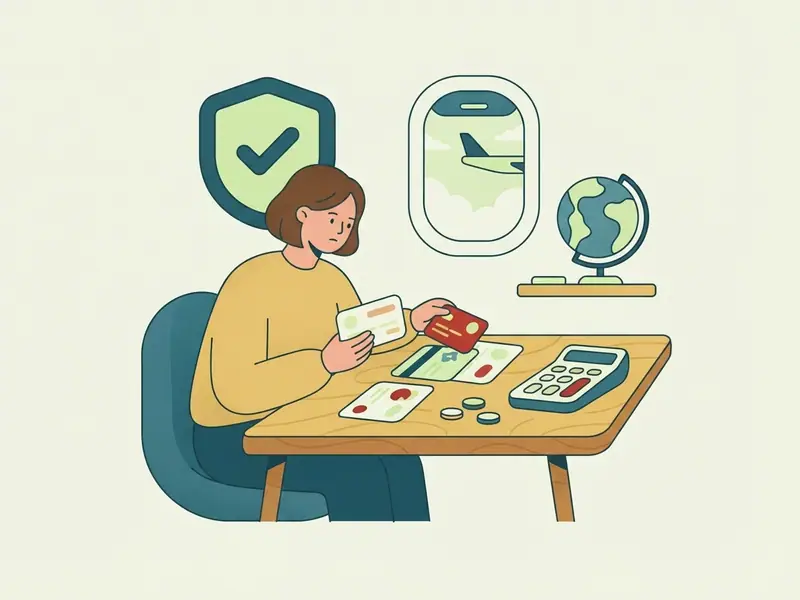Viajante comparando três cartões de seguro numa mesa com moedas e uma calculadora, um escudo e a janela de um avião ao fundo.